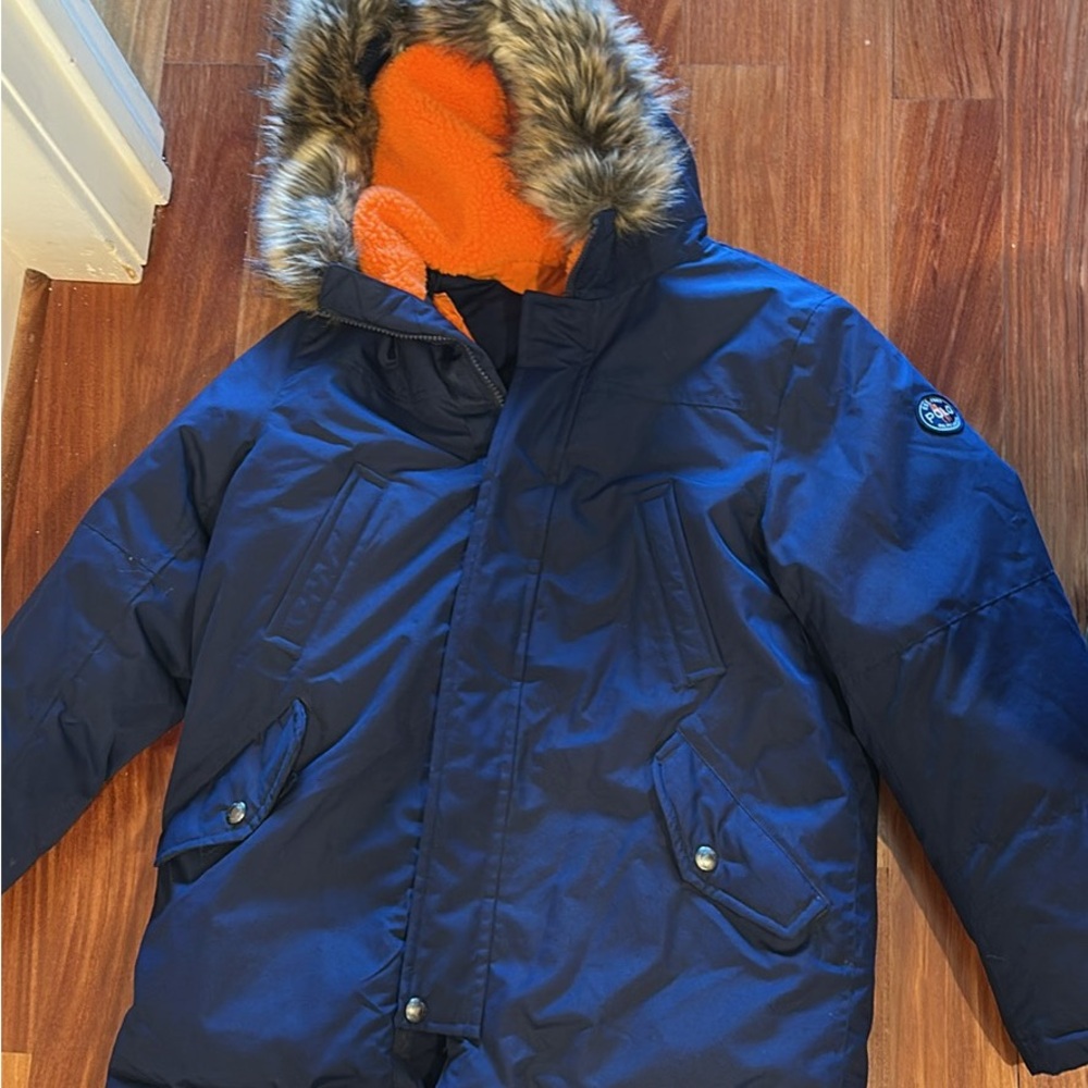 Polo Boys Navy Parka with Faux Fur Hood (size 10-12) hood is detachable